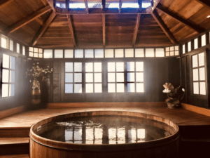 A hot tub in a wooden room.