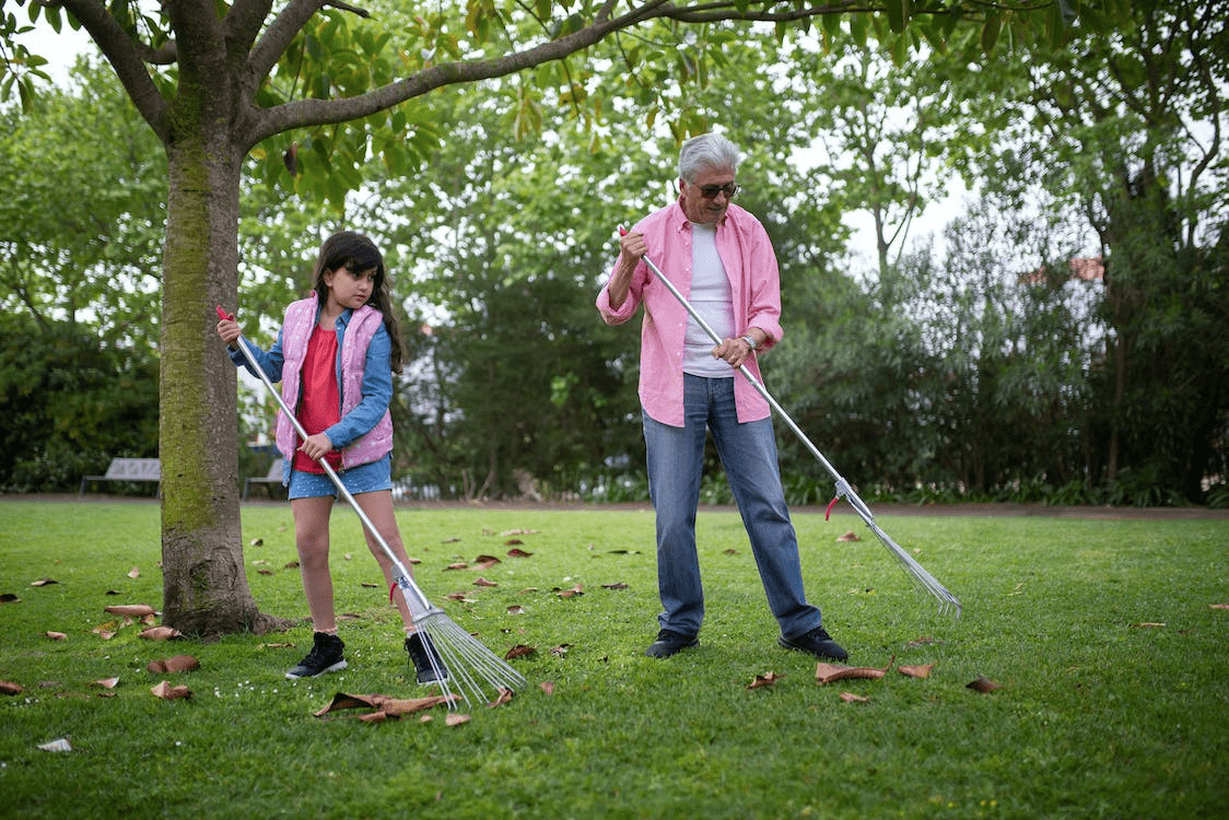 A person and a child raking leaves from their yard
