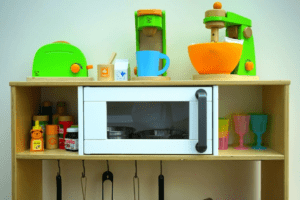 A microwave oven surrounded by crockery, jars, and other kitchen appliances.