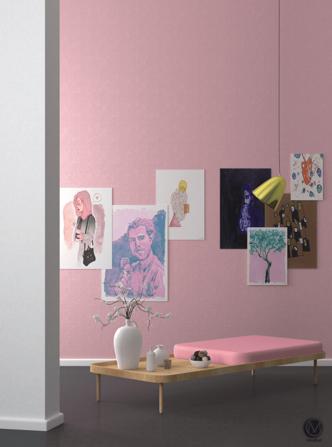 Pink Wall with an assortment of artwork after furniture removal